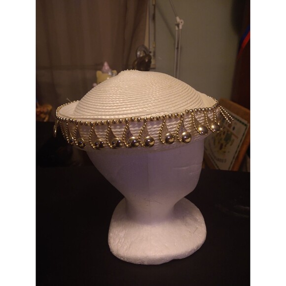 Womens Fancy Church Derby Wedding Hat White With Hanging Gold Pearls (not real) main image 4